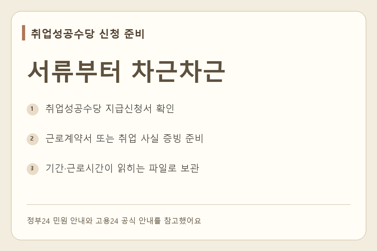 취업성공수당 지급신청서와 근로계약서 등 취업 사실을 증명할 자료를 준비해요
