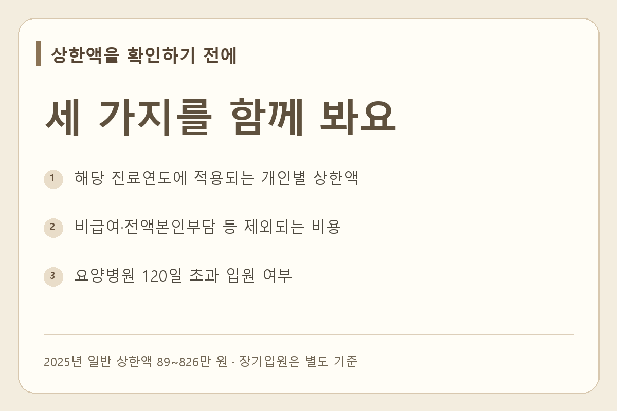 2025년 진료분은 해당 연도의 상한액과 제외 비용, 요양병원 입원일수를 함께 확인해요.