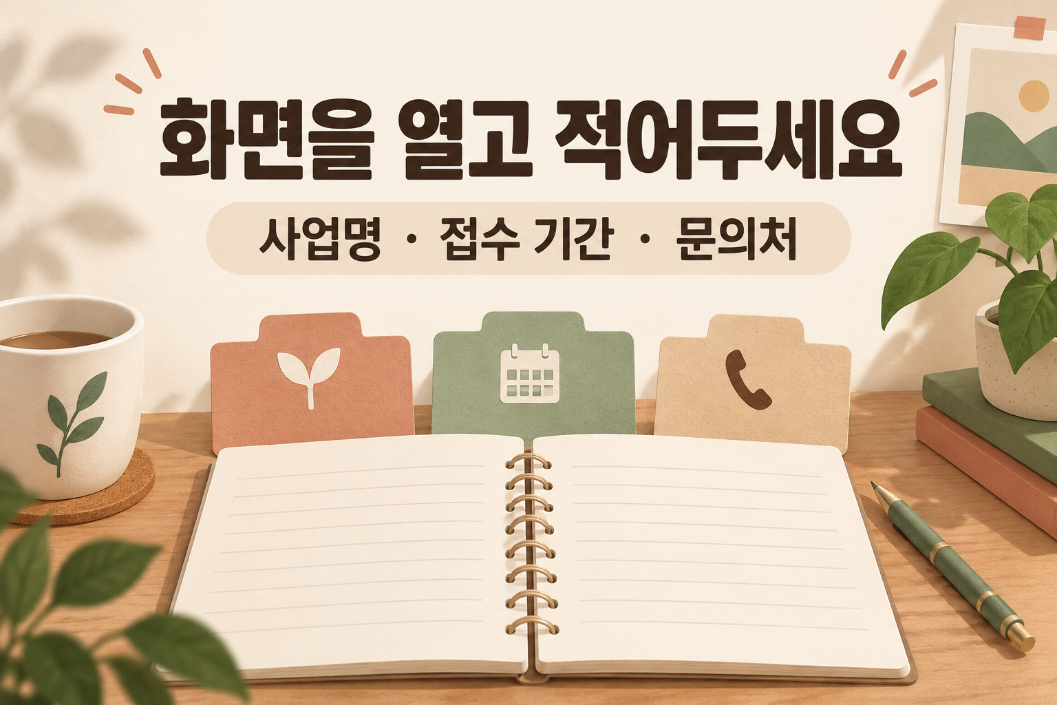 사업명과 접수 기간 및 문의처를 메모하는 세 가지 종이 탭